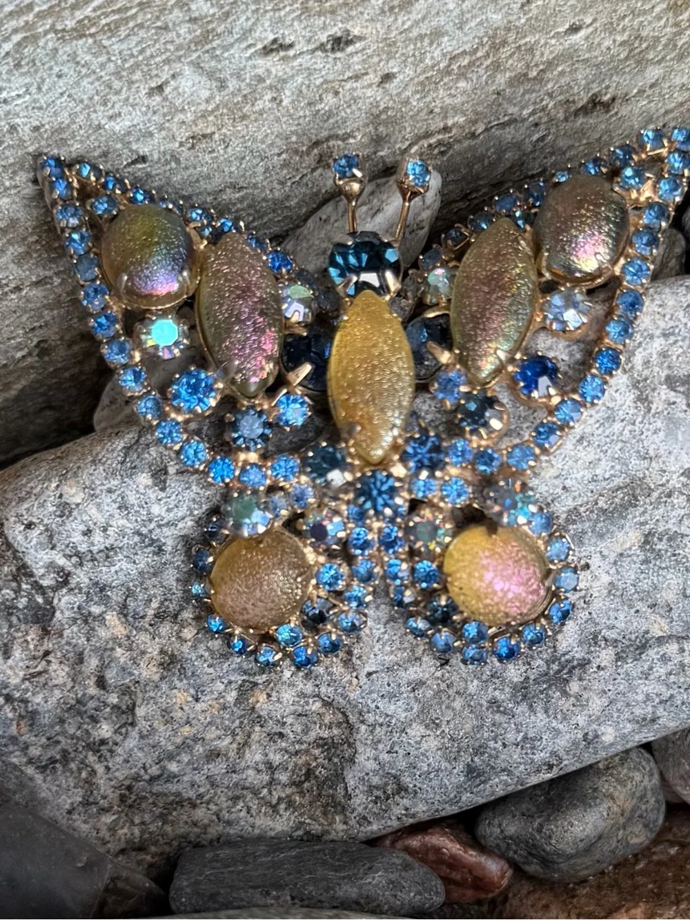 Vintage Blue Frosted Unique Crystal Butterfly Statement Brooch
